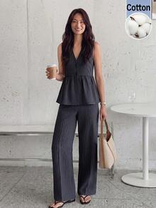 EMERY ROSE V-Neck Ruched Ruffle Hem Sleeveless Vest Buttoned Shirt And Elastic Waist Wide Leg Pants Set, Woven Striped Fabric, Casual Relaxed Elegant Commuter Resort Style For Spring/Summer Women - Multicolor - View 1