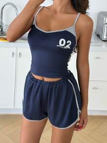 ZzzCrew Sporty Hot Girl Slim Fit Color Block Patchwork Number Print Camisole & Shorts Pajama Set For Women - Multicolor - View 1
