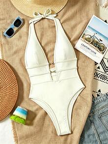 Swim Chiccia Springbreak Women's Black Deep V Halter Neck Sexy One-Piece Swimsuit Festival Boho - Beige - View 5