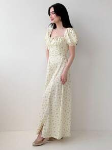 Yasmeen Edit Yasmeen Edit 女款花瓣袖高開衩碎花洋裝 度假優雅夏季 - 黃色 - 查看 4