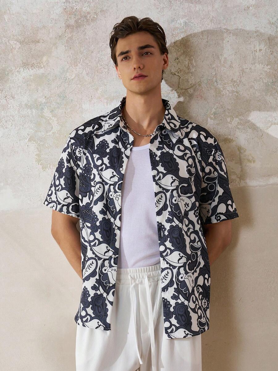TONEVAULT TOPS Summer Festival Men's Floral Paisley Shirt Streetwear Tropical Vacation Navy And White - Multicolor - View 1