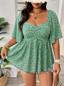 Vionelle Plus Size Spring/Summer Dark Green Base Small Ditsy Floral Sweetheart Collar Ruffle Sleeve Casual Versatile Elegant Blouse Vacation - Green - View 3