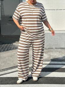 Muchica 2pcs/Set Striped T-Shirt And Pants Casual Plus Size Outfit - White - View 5