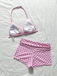 SHEIN 青少年女孩黑白條紋紋理掛脖式分體泳衣上衣，適合游泳、度假、海灘穿著，兒童泳裝套裝，夏季假期 - 粉色 - 查看 2