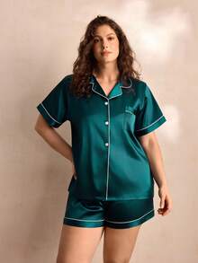 Charlaine Bộ đồ ngủ/Pjama bằng vải satin vá túi viền viền tương phản Plus - Màu xanh lá cây đậm - Xem 5