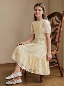 Anewsta Summer Blue Hollow Puff Sleeve Midi/Dress For Older Children - Yellow - View 2