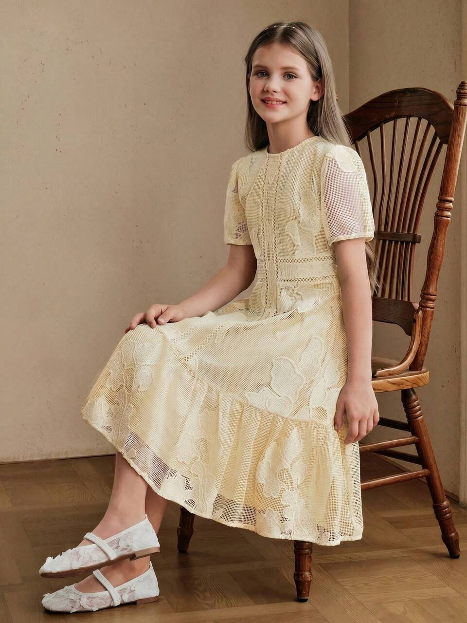 Summer Blue Hollow Puff Sleeve Midi/Dress For Older Children