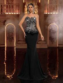 Glamrae Elegante y lujoso vestido de sirena de punto elástico con patchwork de bordado floral, cuentas de burbuja y lentejuelas, adecuado para boda, fiesta, despedida de soltera, vacaciones, baile de graduación, vestido de noche (estilo de mano de obra pesada) - Negro - Ver 7