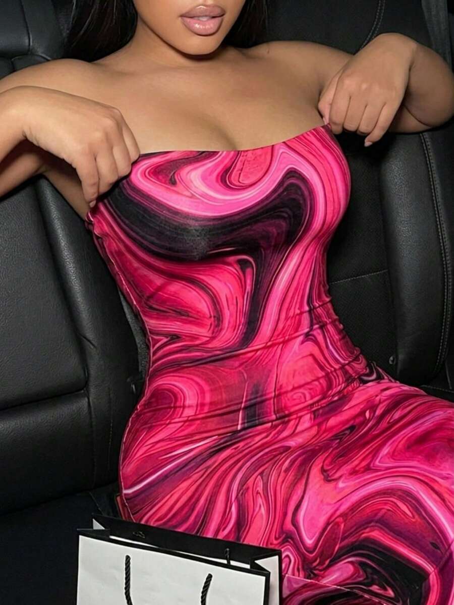 SHEIN SXY Summer Marble Print Tube Top Slim Sexy Red Dress,Summer Dresses For Women