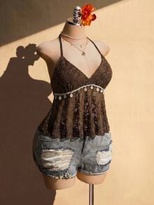 SHEIN ICON Plus Size Knitted Halter Shell Tassel Decor Babydoll Backless Camisole - Brown - View 9