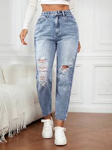 SHEIN CURVE+ Plus Size Casual Washed Distressed Denim Jeans Club Formal Light Blue Summer - Blue - View 1