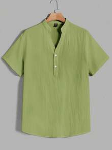 HIMLAND Loose Men Solid Half Button Shirt - Green - View 2