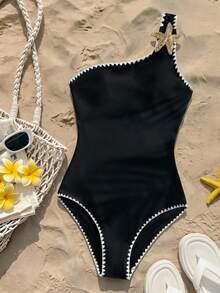 SHEIN Kids Teen Girl Summer Vacation Knit Black Shell Lace Contrast Color Starfish Metal Decor One-Piece Swimsuit Beach - Black - View 4