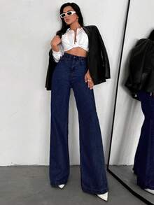 SHEIN بنطلون جينز مقاس كبير بخصر عالي وأسلوب كاجوال وغسيل داكن خام وقماش مرن وأزرار أمامية وقصة عادية وساق واسعة - أزرق داكن - مشاهدة 5