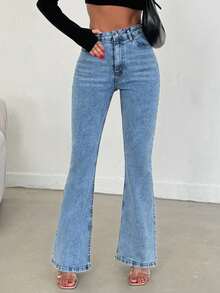 SHEIN Cottnline بنطلون جينز نسائي كاجوال عادي خصر عالي مطاطي مقاس كبير بقصة واسعة من الأسفل لون أزرق فاتح للصيف - أزرق فاتح - مشاهدة 6