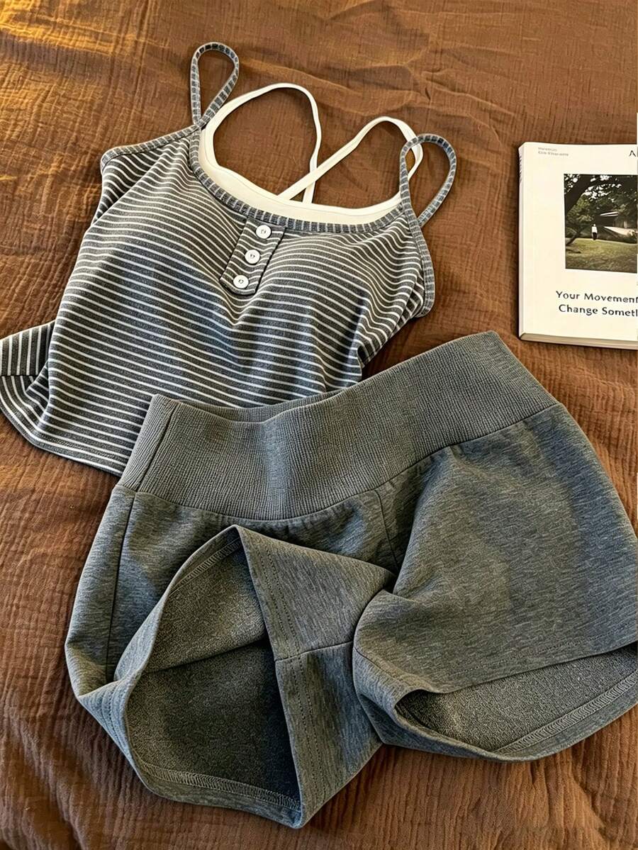 Resyla Conjunto de Top de Tirantes Finos a Rayas y Pantalones Cortos 2 en 1 para Mujer, Nuevo Primavera/Verano - Gris Oscuro - Ver 1