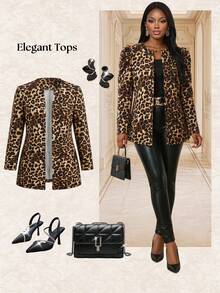 Fleurora Chaqueta de manga larga con estampado de leopardo talla grande - Marrón - Ver 4
