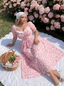Lyrianda Plus Size Summer Short Sleeve Ruched Plaid Green Floral Fresh Style Lace-Up Vacation Dress - Multicolor - View 7