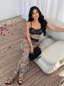 SHEIN SXY 女款斑馬紋蕾絲拼接吊帶上衣與長褲套裝 - 彩色 - 查看 4