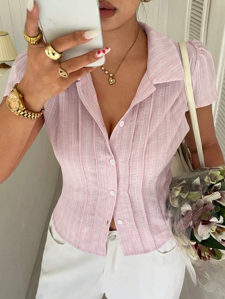 Dazy Plus Solid Color Lapel Slim Fit Minimalist Sexy Pink Short Sleeve Plus Size Women's Spring Summer Elegant Shirt