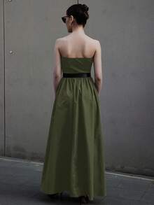 Siren Gaze 女式夏季上紧下宽针织拼接梭织休闲连衣裙，带侧袋 - 綠色 - 查看 2