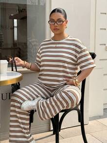 Muchica 2pcs/Set Striped T-Shirt And Pants Casual Plus Size Outfit - White - View 3
