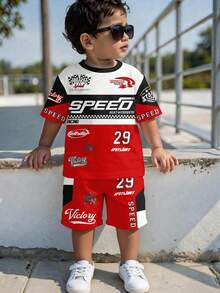 Baby Boy Casual Minimalist T-Shirt Set, Classic Cool Racing Culture Graphic Print, Suitable For Spring And Summer - Multicolor - View 1