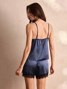 Charlaine Conjunto de pijama con top de satén con ribete de encaje y shorts - Azul Marino - Ver 3