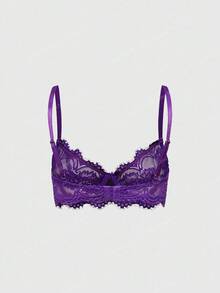 ROMWE Plus Size Dark Gothic Eyelash Floral Lace Underwire Triangle Cup Bustier Bra - Purple - View 2
