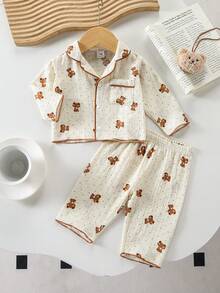 2pcs Baby Girls' Long Sleeve Cardigan And Pants Homewear Set, Woven Fabric With Cute Cherry Print - Multicolor - View 3