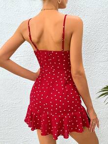 SHEIN SXY Mono con estampado de corazón con cordón delantero con abertura fruncido - Rojo - Ver 4