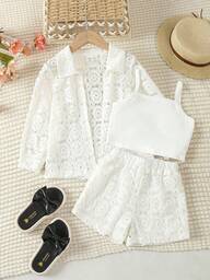 SHEIN Elladie kids בחורה צעירה קז'ואל חופשה צבע אחיד תחרה חולצה , שורטס ו גופיה תחתונה ווסט