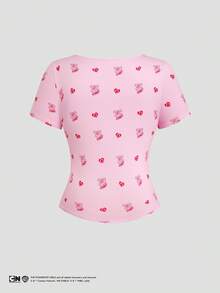 Sweetra THE POWERPUFF GIRLS X SHEIN Damen Rosa Herz Kirsch Muster Kordelzug Crop Top, sexy süßer Mädchenstil, geeignet für Date/Straße/Pendeln, schlankmachendes Taillen-betonendes Puffärmel T-Shirt - Pink - Übersicht 2