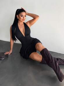 SHEIN SXY 女款素色掛脖百褶時尚約會派對迷你洋裝 - 黑色 - 查看 5