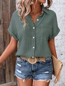 EMERY ROSE Camisa casual de manga corta con bolsillo y botones al frente, verano - Verde Oscuro - Ver 3