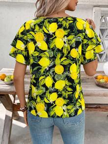SHEIN Clasi 女款夏季檸檬圖案印花圓領荷葉邊袖口上衣 - 黑色 - 查看 2