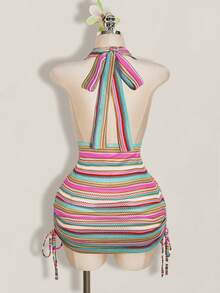 SHEIN ICON Vestido halter sexy con cuello de volantes a rayas para mujer de talla grande - Multicolor - Ver 2
