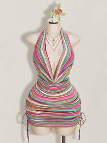 SHEIN ICON Vestido halter sexy con cuello de volantes a rayas para mujer de talla grande - Multicolor - Ver 3