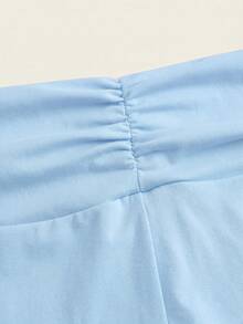 Kids Teen Girl Spring/Summer New Blue Ruched Design Short Sleeve Round Neck T-Shirt + Waist Ruched Flare Long Pants 2pcs Set, Suitable For Daily Outings, School Wear, Basic Long Pants Set - Blue - View 3