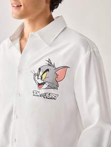 Strevion TOM & JERRY 男士宽松休闲长袖衬衫，饰有简约的汤姆和杰瑞图案印花，适合秋夏季穿着 - 白色 - 查看 6