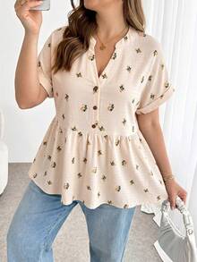 SHEIN Essnce 大码女装春夏时尚休闲宽松舒适日常百搭显瘦V领黑色碎花短袖上衣，女式衬衫，夏季服装，度假装，欧洲夏季 - 杏色 - 查看 4