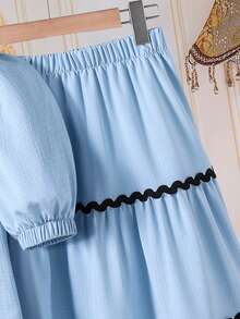 Teen Girls Fashion Casual Woven Bubble Textured Fabric Cropped Jacket With Long Skirt, Contrast Color Wavy Ribbon Trim, Eye-Catching Detail, Loose Fit, Comfortable, Suitable For Spring, Summer, Autumn, Daily Commute, Outings, Gatherings, Photo Shoots - Blue - View 8