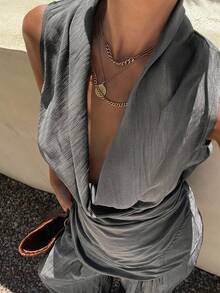 Livesso Conjunto de 2 piezas para mujer: Elegante top chaleco con pechera asimétrica & Pantalones casuales de pierna recta, atuendo de verano para ir al trabajo, negocios, boda, banquete y vacaciones - Gris - Ver 2