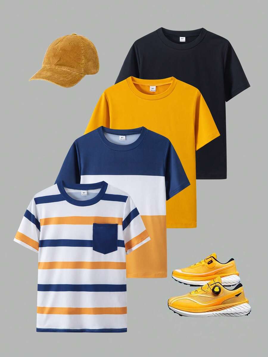 4pcs Striped, Color Block, Black, Yellow Casual Sports T-Shirt Combo Pack, Versatile For Teens, Spring/Summer - Multicolor - View 1