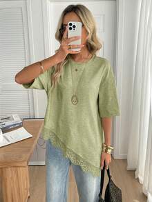 SHEIN LUNE Women's Casual Solid Color Ribbed Asymmetrical Hem Lace Patchwork Spring/Summer Daily Basic Outing T-Shirt Brunch Sage Green - Green - View 4