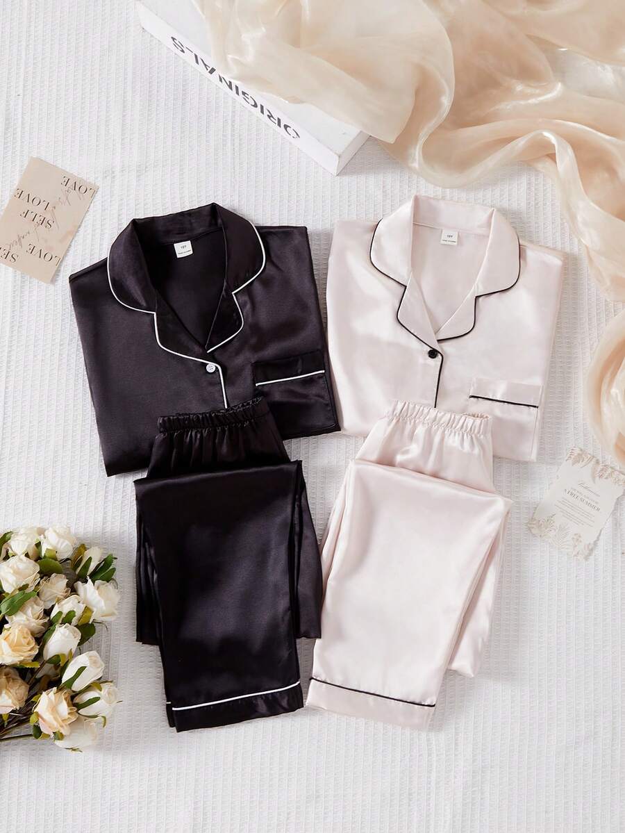 Girls' Solid Color Satin Long Sleeve Top And Long Pants 2 Pieces Loungewear Set, Spring/Autumn - Multicolor - View 1