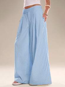 Avantive Women's Casual Loose Light Blue Wide Leg Long Pants Vacation Summer - Baby Blue - View 7