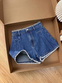 GlowEve Women's Summer Casual Colorblock Lace Trim Denim Shorts - Royal Blue - View 2