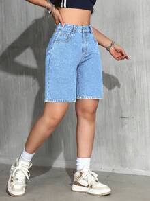 Jeanoix 牛仔女牛仔裝大尺碼丹寧女款春季藍色無彈力時尚百慕達短褲女款春季穿搭 - 淺色水洗藍 - 查看 6