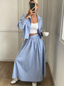 DAZY 女款夏秋寬鬆休閒純色短版上衣與裙子兩件套 - 藍色 - 查看 4